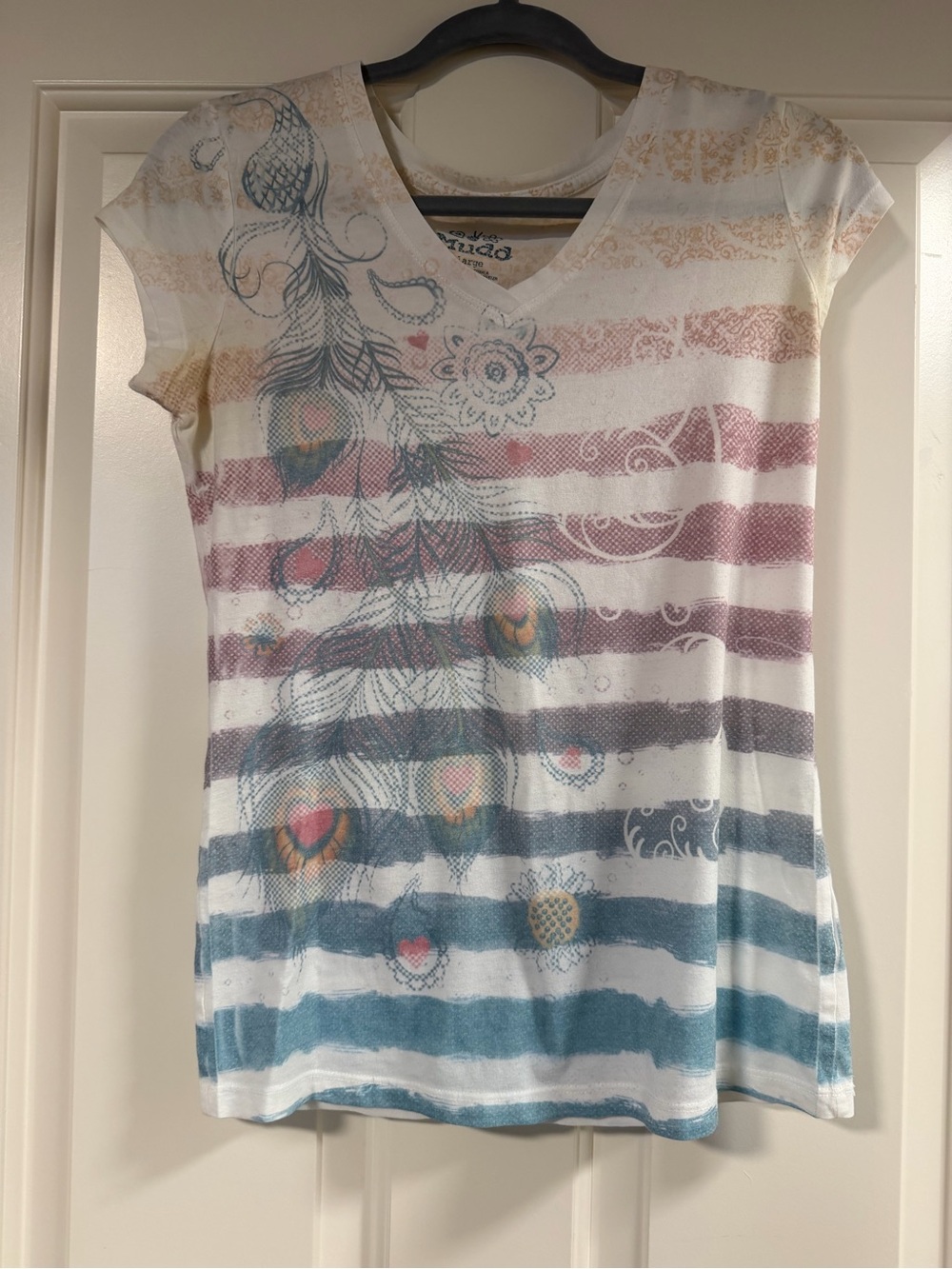 Y2K Mudd Graphic Tee | Size Large | Striped Boho Feather Top | Early 2000s